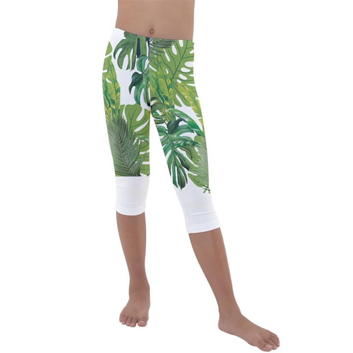 Tropical Jungle Leaf T- Shirt J U N G L E T R O P I C A L P A T T E R N T- Shirt Kids  Lightweight Velour Capri Leggings 