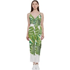 Tropical Jungle Leaf T- Shirt J U N G L E T R O P I C A L P A T T E R N T- Shirt V-neck Spaghetti Strap Tie Front Jumpsuit