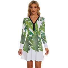 Tropical Jungle Leaf T- Shirt J U N G L E T R O P I C A L P A T T E R N T- Shirt Long Sleeve Deep V Mini Dress 