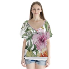 Tropical T- Shirt Tropical Bloom Decor T- Shirt V-neck Flutter Sleeve Top by maxcute