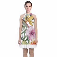 Tropical T- Shirt Tropical Bloom Decor T- Shirt Velvet Halter Neckline Dress  by maxcute