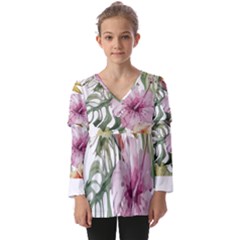 Tropical T- Shirt Tropical Bloom Decor T- Shirt Kids  V Neck Casual Top