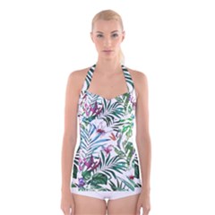 Tropical T- Shirt Tropical Bloom Wool Flowers T- Shirt Boyleg Halter Swimsuit 