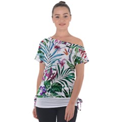 Tropical T- Shirt Tropical Bloom Wool Flowers T- Shirt Off Shoulder Tie-Up Tee