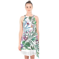 Tropical T- Shirt Tropical Bloom Wool Flowers T- Shirt Halter Collar Waist Tie Chiffon Dress