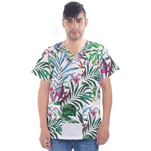 Tropical T- Shirt Tropical Bloom Wool Flowers T- Shirt Men s V-neck Scrub Top by maxcute