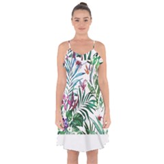 Tropical T- Shirt Tropical Bloom Wool Flowers T- Shirt Ruffle Detail Chiffon Dress