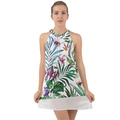 Tropical T- Shirt Tropical Bloom Wool Flowers T- Shirt Halter Tie Back Chiffon Dress