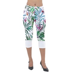 Tropical T- Shirt Tropical Bloom Wool Flowers T- Shirt Lightweight Velour Capri Leggings 