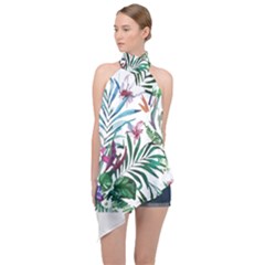 Tropical T- Shirt Tropical Bloom Wool Flowers T- Shirt Halter Asymmetric Satin Top