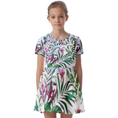 Tropical T- Shirt Tropical Bloom Wool Flowers T- Shirt Kids  Short Sleeve Pinafore Style Dress