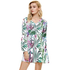 Tropical T- Shirt Tropical Bloom Wool Flowers T- Shirt Tiered Long Sleeve Mini Dress