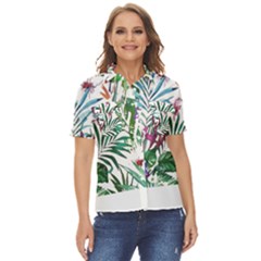 Tropical T- Shirt Tropical Bloom Wool Flowers T- Shirt Women s Short Sleeve Double Pocket Shirt