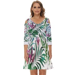 Tropical T- Shirt Tropical Bloom Wool Flowers T- Shirt Shoulder Cut Out Zip Up Dress