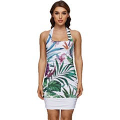 Tropical T- Shirt Tropical Bloom Wool Flowers T- Shirt Sleeveless Wide Square Neckline Ruched Bodycon Dress