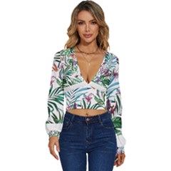 Tropical T- Shirt Tropical Bloom Wool Flowers T- Shirt Long Sleeve Deep-V Velour Top