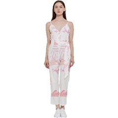 Tropical T- Shirt Tropical Bright Shrimp Flower T- Shirt V-neck Spaghetti Strap Tie Front Jumpsuit