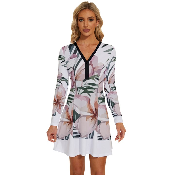 Tropical T- Shirt Tropical Delicate Bloom T- Shirt Long Sleeve Deep V Mini Dress 