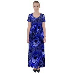 Purple Peacock Feather High Waist Short Sleeve Maxi Dress