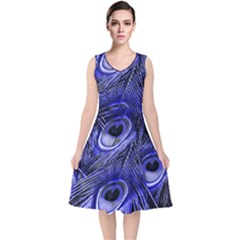 Purple Peacock Feather V-neck Midi Sleeveless Dress 