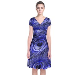 Purple Peacock Feather Short Sleeve Front Wrap Dress