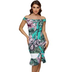 Tropical T- Shirt Tropical Fashion Aloha T- Shirt Off Shoulder Ruffle Split Hem Bodycon Dress