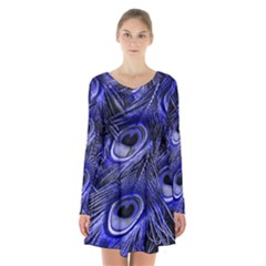 Purple Peacock Feather Long Sleeve Velvet V-neck Dress