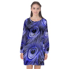 Purple Peacock Feather Long Sleeve Chiffon Shift Dress 