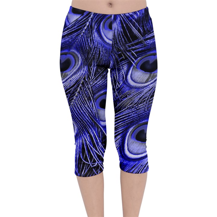 Purple Peacock Feather Velvet Capri Leggings 