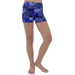 Purple Peacock Feather Kids  Lightweight Velour Yoga Shorts