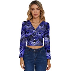 Purple Peacock Feather Long Sleeve V-neck Top