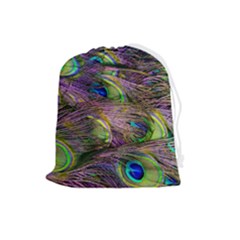 Green Purple And Blue Peacock Feather Drawstring Pouch (large)