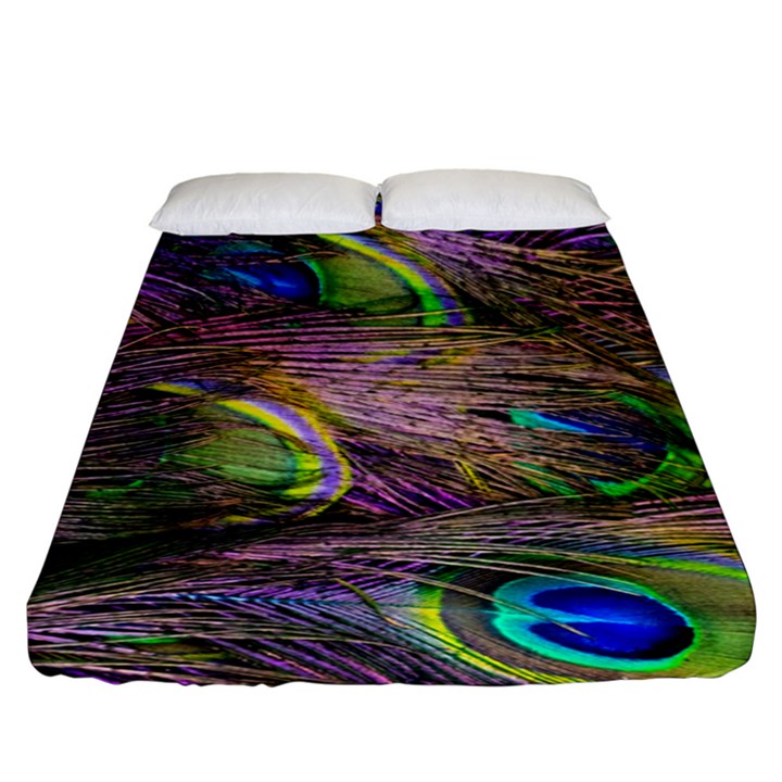 Green Purple And Blue Peacock Feather Fitted Sheet (King Size)