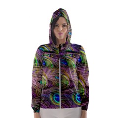 Green Purple And Blue Peacock Feather Women s Hooded Windbreaker