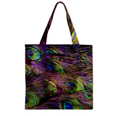 Green Purple And Blue Peacock Feather Zipper Grocery Tote Bag