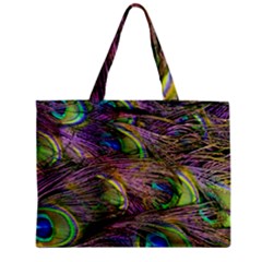 Green Purple And Blue Peacock Feather Zipper Mini Tote Bag