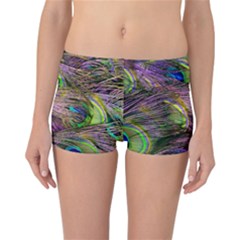 Green Purple And Blue Peacock Feather Reversible Boyleg Bikini Bottoms