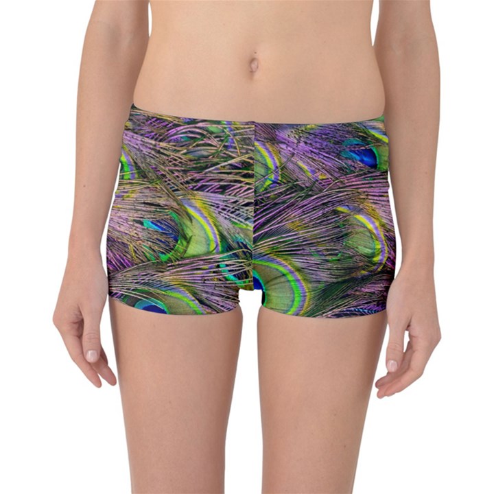 Green Purple And Blue Peacock Feather Reversible Boyleg Bikini Bottoms