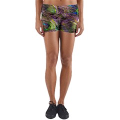 Green Purple And Blue Peacock Feather Yoga Shorts