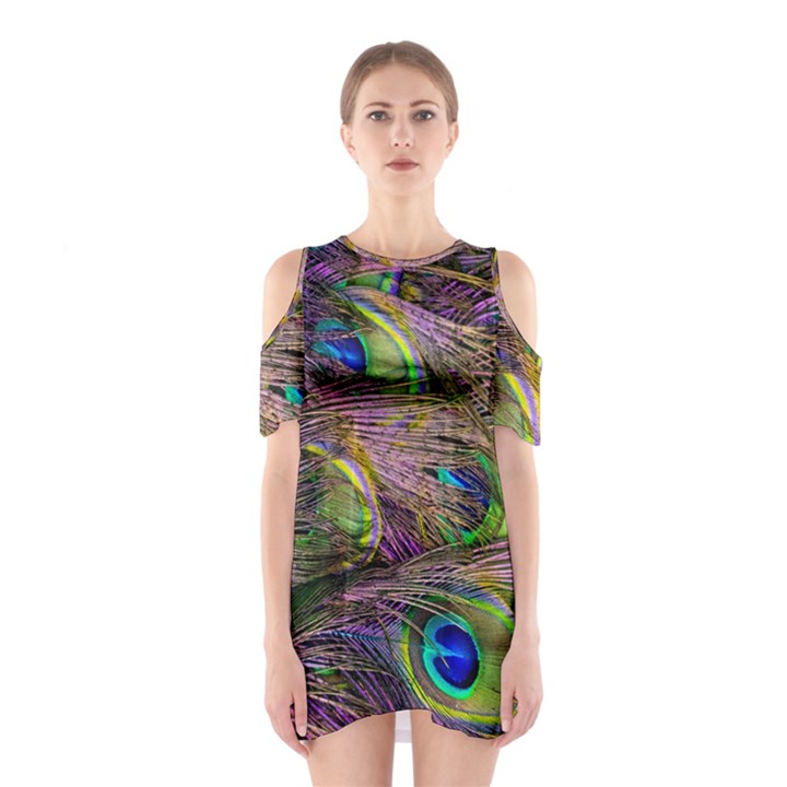 Green Purple And Blue Peacock Feather Shoulder Cutout One Piece Dress