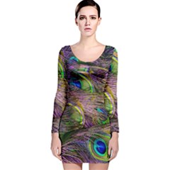 Green Purple And Blue Peacock Feather Long Sleeve Velvet Bodycon Dress