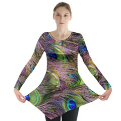 Green Purple And Blue Peacock Feather Long Sleeve Tunic 