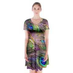 Green Purple And Blue Peacock Feather Short Sleeve V-neck Flare Dress