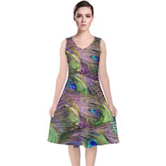 Green Purple And Blue Peacock Feather V-neck Midi Sleeveless Dress 