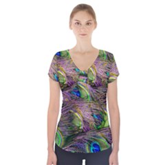 Green Purple And Blue Peacock Feather Short Sleeve Front Detail Top