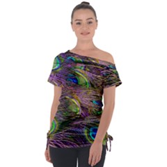 Green Purple And Blue Peacock Feather Off Shoulder Tie-up Tee