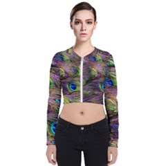 Green Purple And Blue Peacock Feather Long Sleeve Zip Up Bomber Jacket