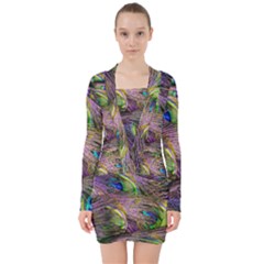 Green Purple And Blue Peacock Feather V-neck Bodycon Long Sleeve Dress