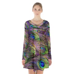 Green Purple And Blue Peacock Feather Long Sleeve Velvet V-neck Dress