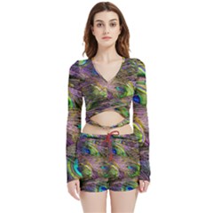 Green Purple And Blue Peacock Feather Velvet Wrap Crop Top And Shorts Set